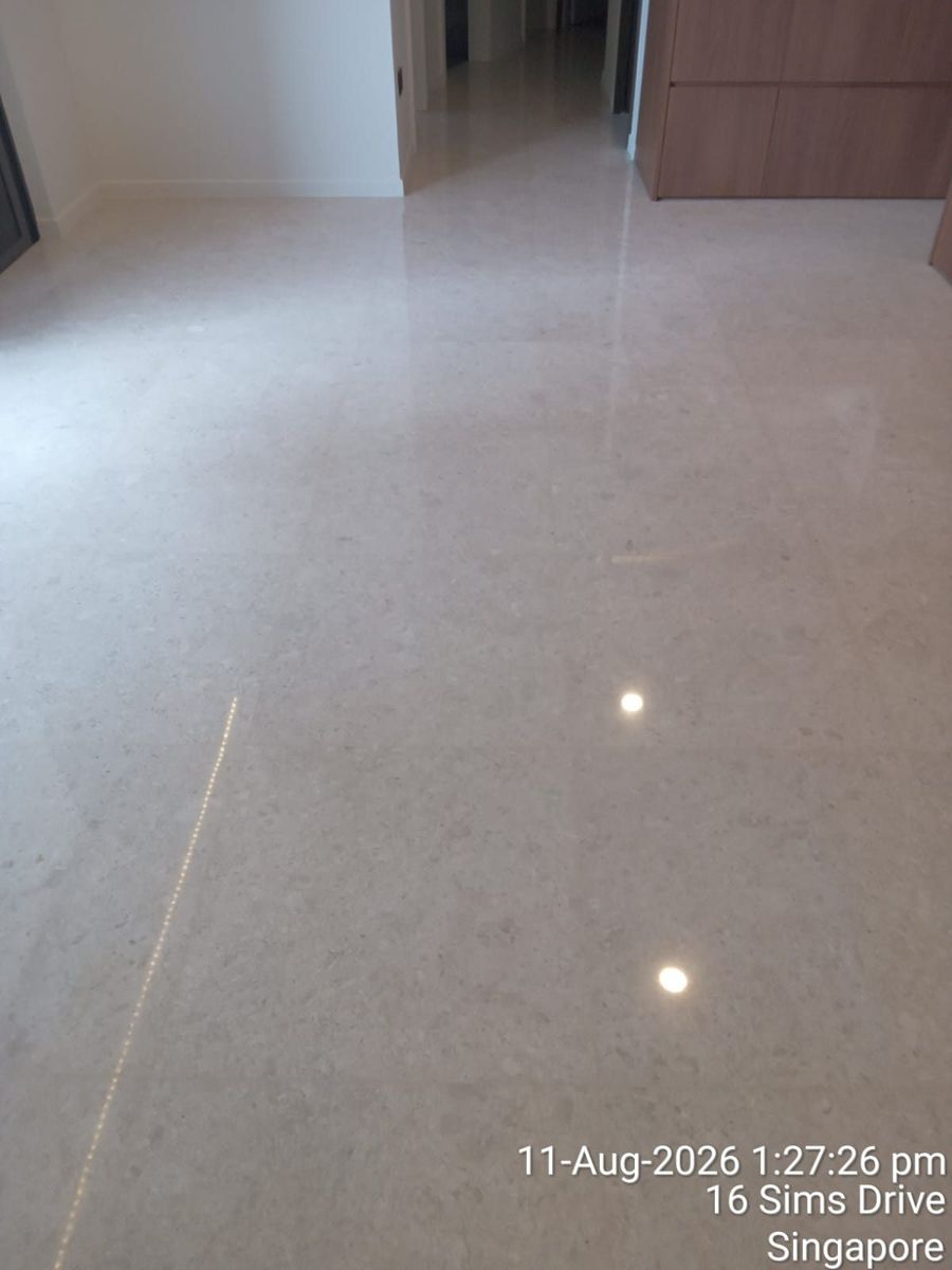 Polished marble hallway in a Sims Drive condo