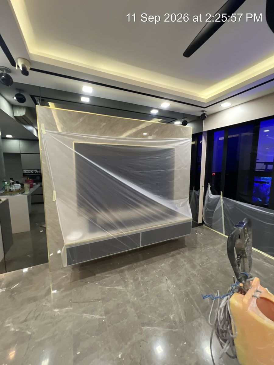 Living room sheeted off during marble polishing
