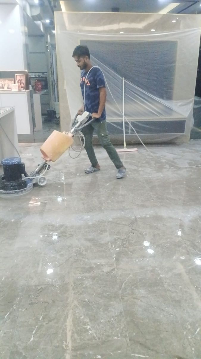 Marble polishing machine in a dining area